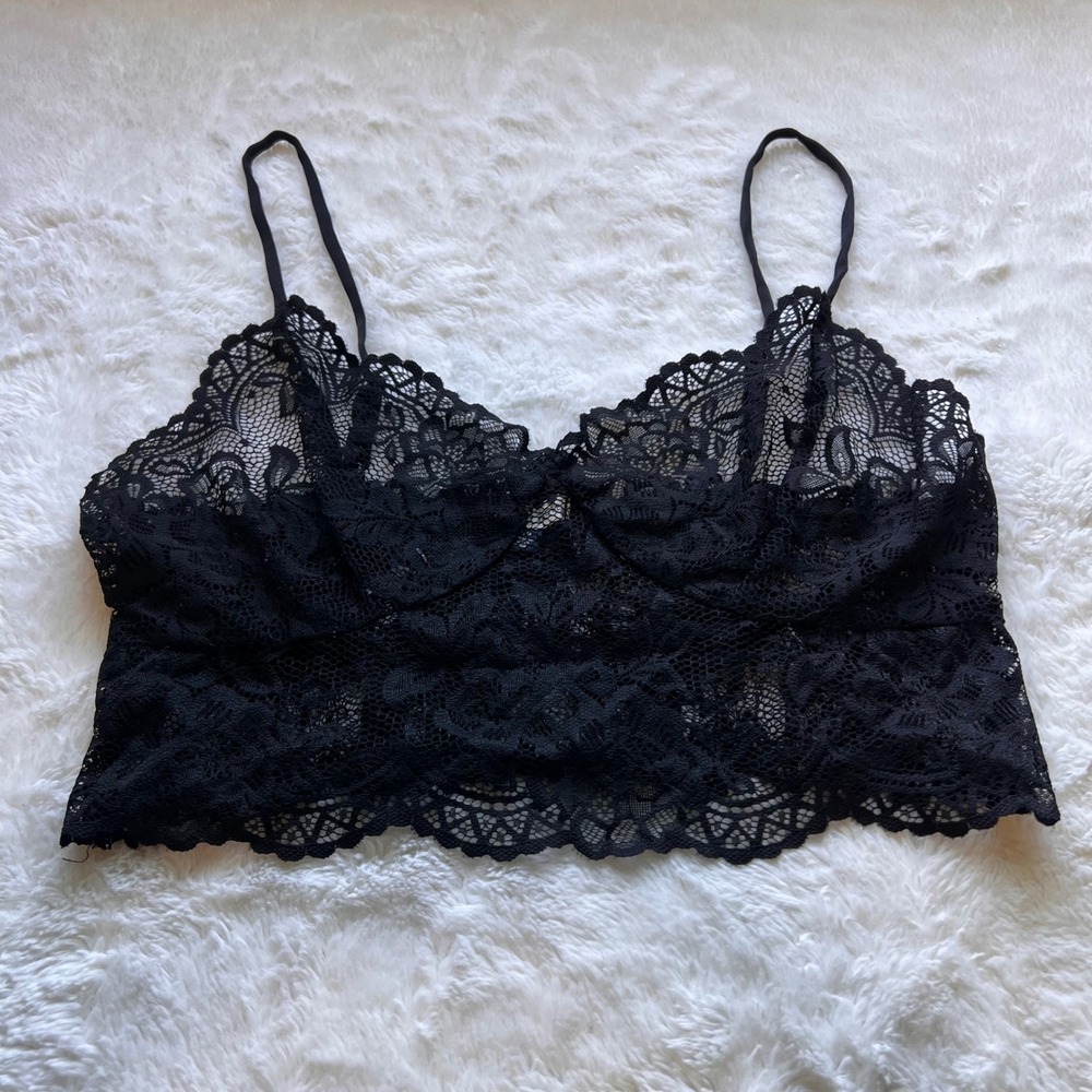 American Eagle Black Floral Lace Longline Bralette Adjustable Straps Smocked M